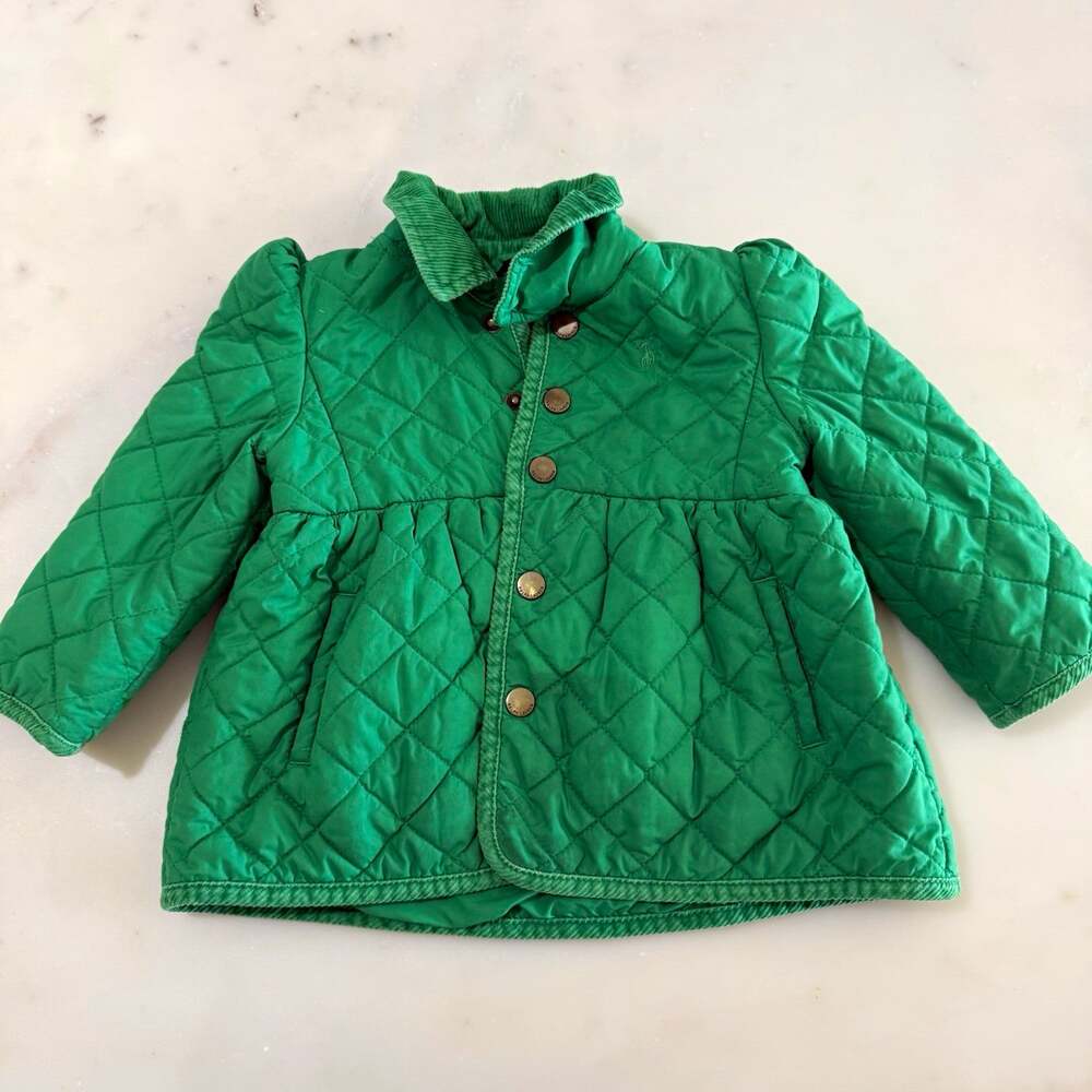 Ralph Lauren Girls 2T Green Quilted Coat Button Front Collared Lined Winter